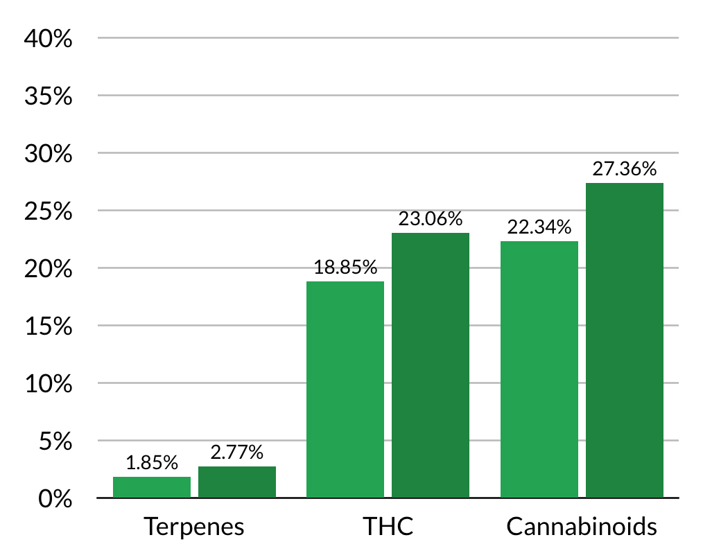 lab results from MM Labs showing increase in terpenes, THC, and cannabinoids